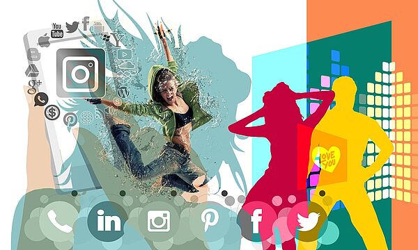 Collage mit tanzender Frau, einem Paar und Icons von social Media und Kommunikation